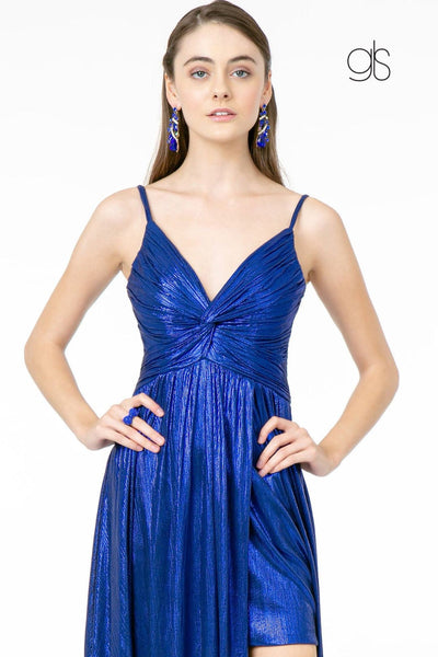 Pleated Long Metallic Slit Dress by Elizabeth K GL2927 - Long Formal Dresses