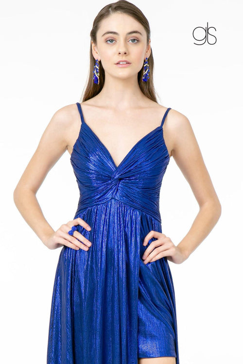 Pleated Long Metallic Slit Dress by Elizabeth K GL2927 - Long Formal Dresses