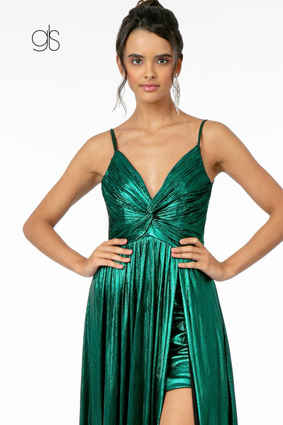 Pleated Long Metallic Slit Dress by Elizabeth K GL2927 - Long Formal Dresses