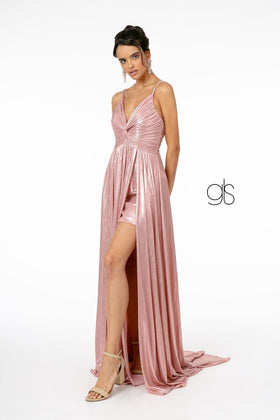 Pleated Metallic Slit Gown by Elizabeth KGL2927