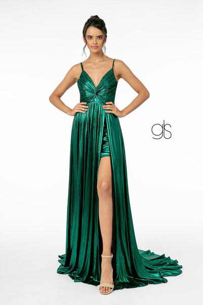 Pleated Long Metallic Slit Dress by Elizabeth K GL2927 - XS / Green - Long Formal Dresses