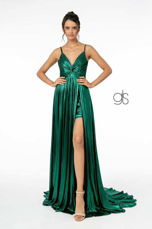 Pleated Long Metallic Slit Dress by Elizabeth K GL2927 - XS / Green - Long Formal Dresses