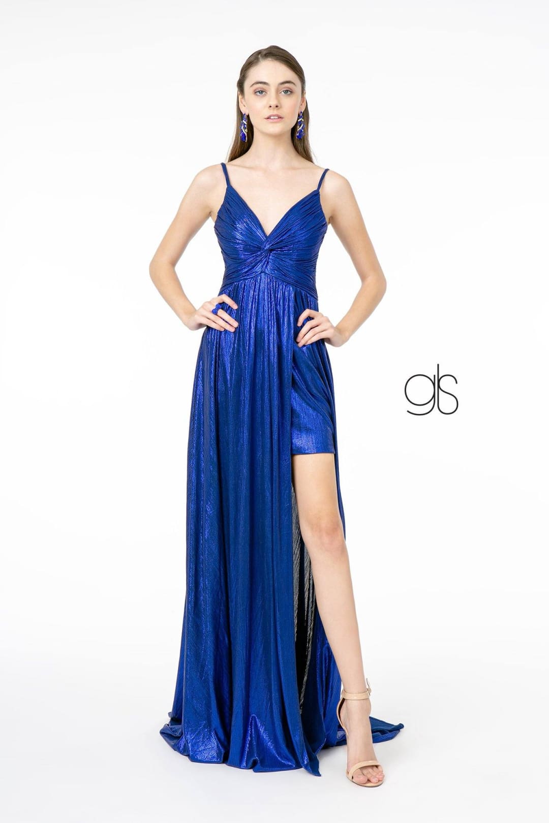 Pleated Long Metallic Slit Dress by Elizabeth K GL2927 - XS / Royal Blue - Long Formal Dresses