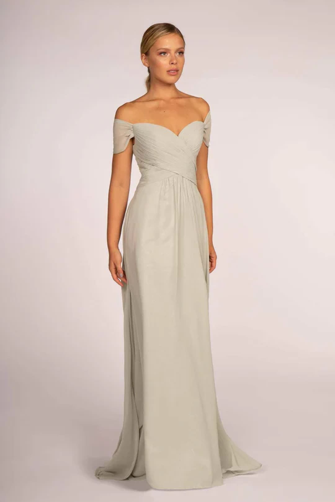 Pleated Long Off Shoulder Chiffon Dress by Elizabeth K GL2550 - XS / Sage Green - Long Formal Dresses