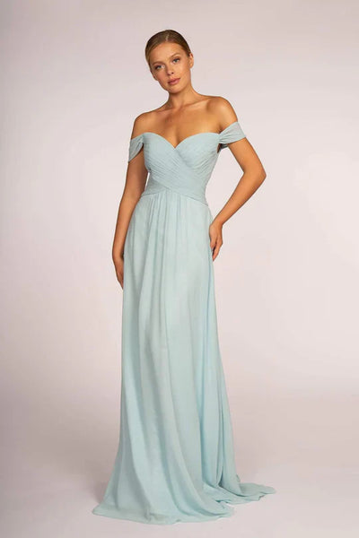 Pleated Long Off Shoulder Chiffon Dress by Elizabeth K GL2550 - XS / Silvery Blue - Long Formal Dresses