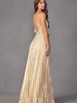 Pleated Metallic Sleeveless V-Neck Gown by Juliet 226