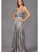 Pleated Metallic Sleeveless V-Neck Gown by Juliet 226