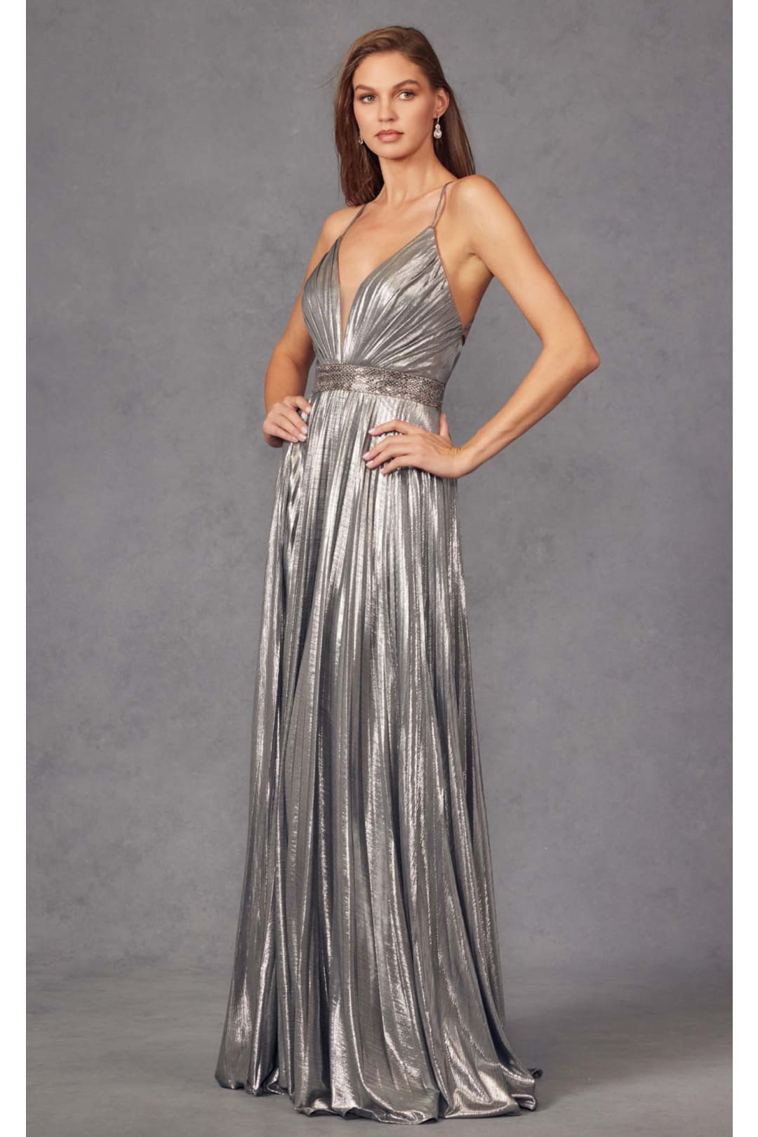 Pleated Metallic Sleeveless V-Neck Gown by Juliet 226 - Dress