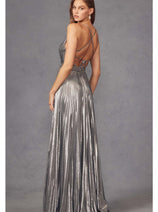 Pleated Metallic Sleeveless V-Neck Gown by Juliet 226