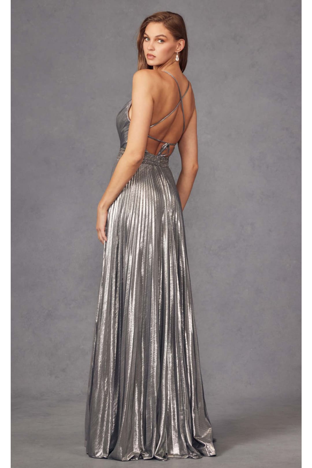 Pleated Metallic Sleeveless V-Neck Gown by Juliet 226 - Dress