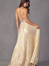 Pleated Metallic Sleeveless V-Neck Gown by Juliet 226