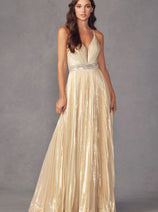 Pleated Metallic Sleeveless V-Neck Gown by Juliet 226