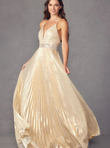 Pleated Metallic Sleeveless V-Neck Gown by Juliet 226