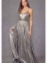 Pleated Metallic Sleeveless V-Neck Gown by Juliet 226