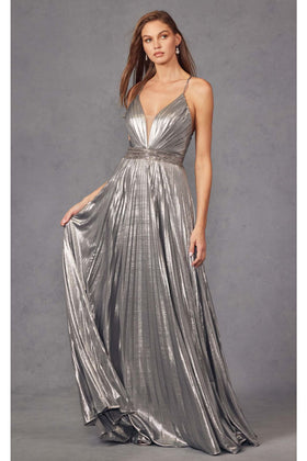 Pleated Metallic Sleeveless V-Neck Gown by Juliet 226