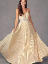 Pleated Metallic Sleeveless V-Neck Gown by Juliet 226