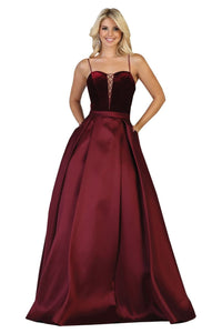 Pleated Satin Prom Dress - Burgundy / 4