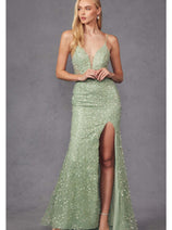 Plunging V-Neck Embellished Prom Dress by Juliet JT2437A