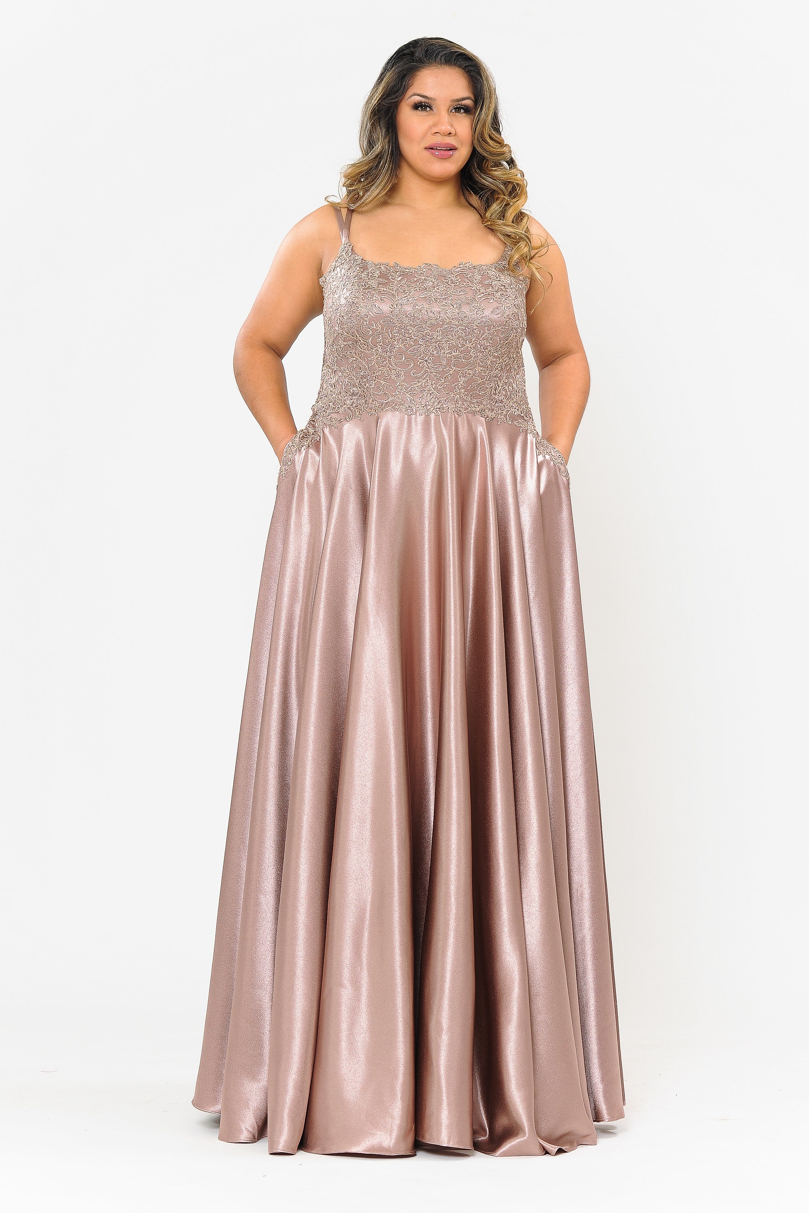 Poly USA W1094 Plus Size Embroidered Long Satin A-line Dress