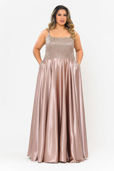 Poly USA W1094 Plus Size Embroidered Long Satin A-line Dress