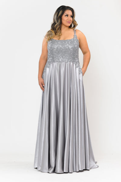 Poly USA W1094 Plus Size Embroidered Long Satin A-line Dress