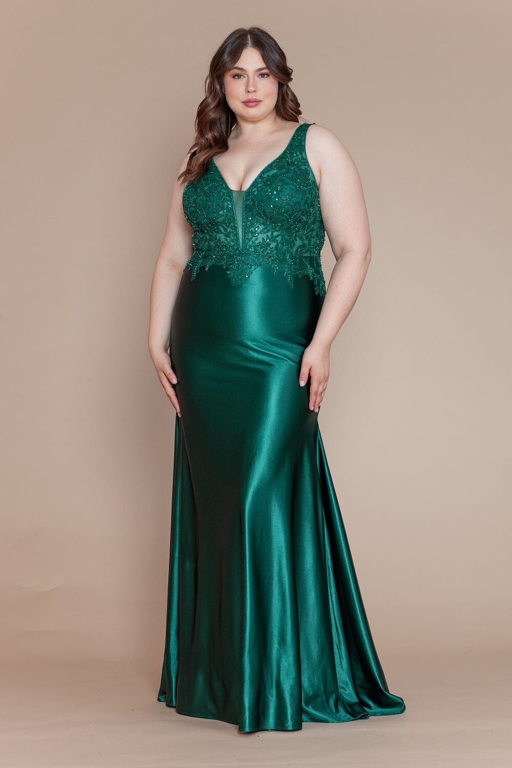 Vestido ajustado con cuello en V y bordado de talla grande de Poly USA W1160