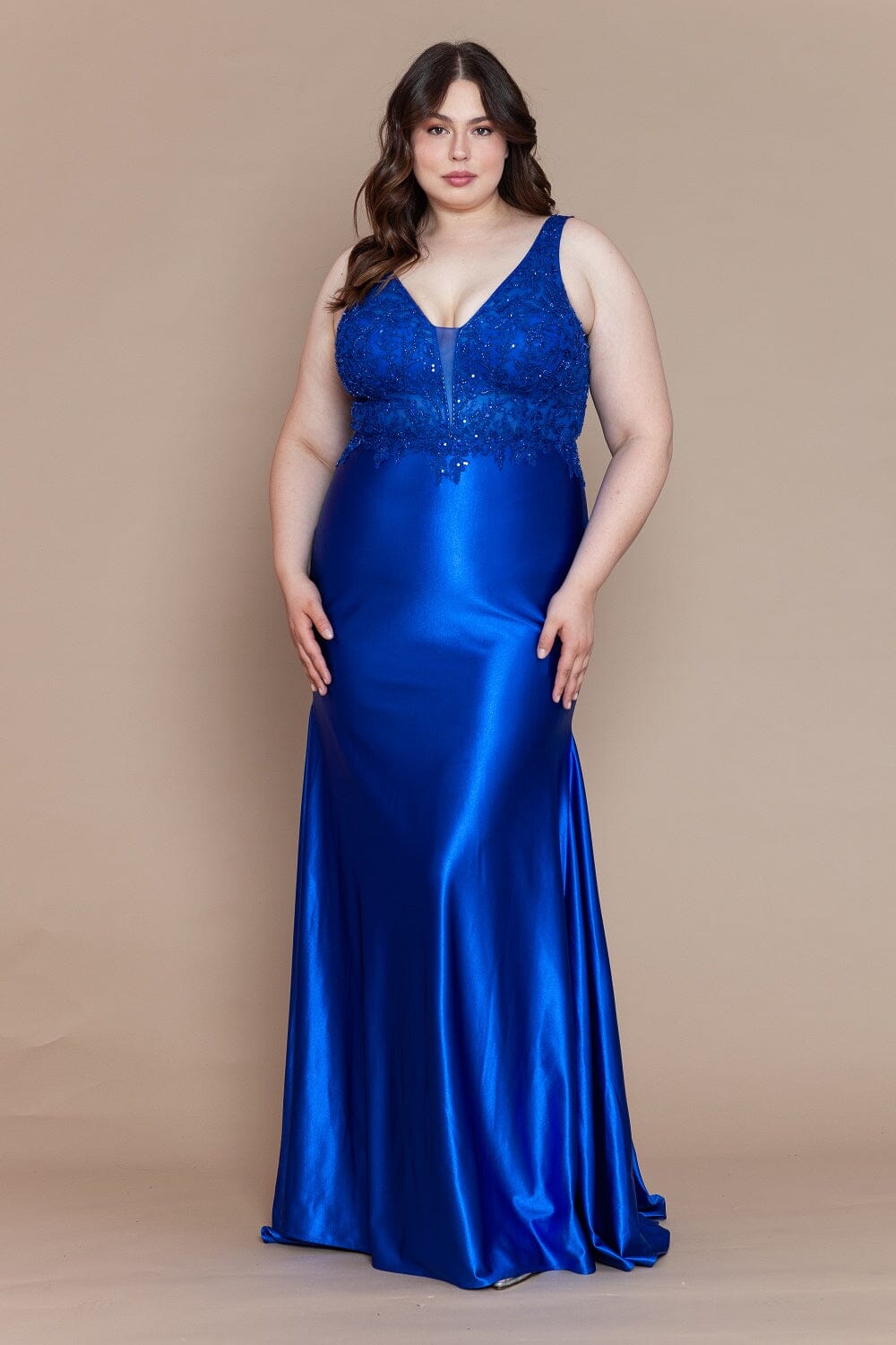 Vestido ajustado con cuello en V y bordado de talla grande de Poly USA W1160