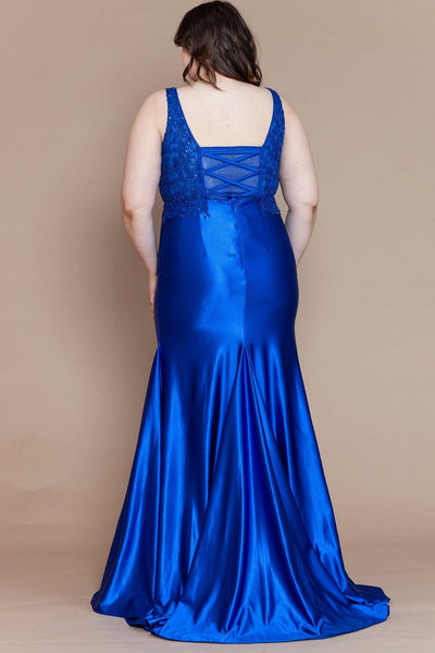 Poly USA W1160 Plus Size Fitted Embroidered V-Neck Gown