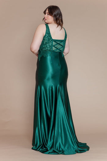 Poly USA W1160 Plus Size Fitted Embroidered V-Neck Gown
