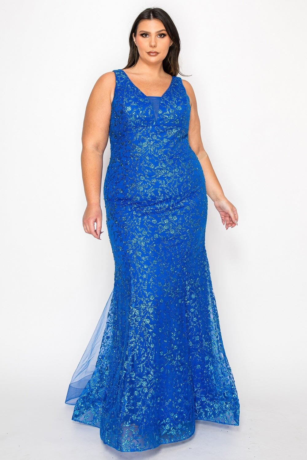 Poly USA W1136 Plus Size Fitted Glitter Print Sleeveless Gown