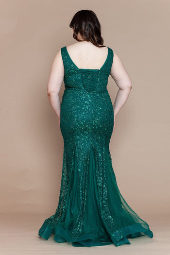 Poly USA W1136 Plus Size Fitted Glitter Print Sleeveless Gown