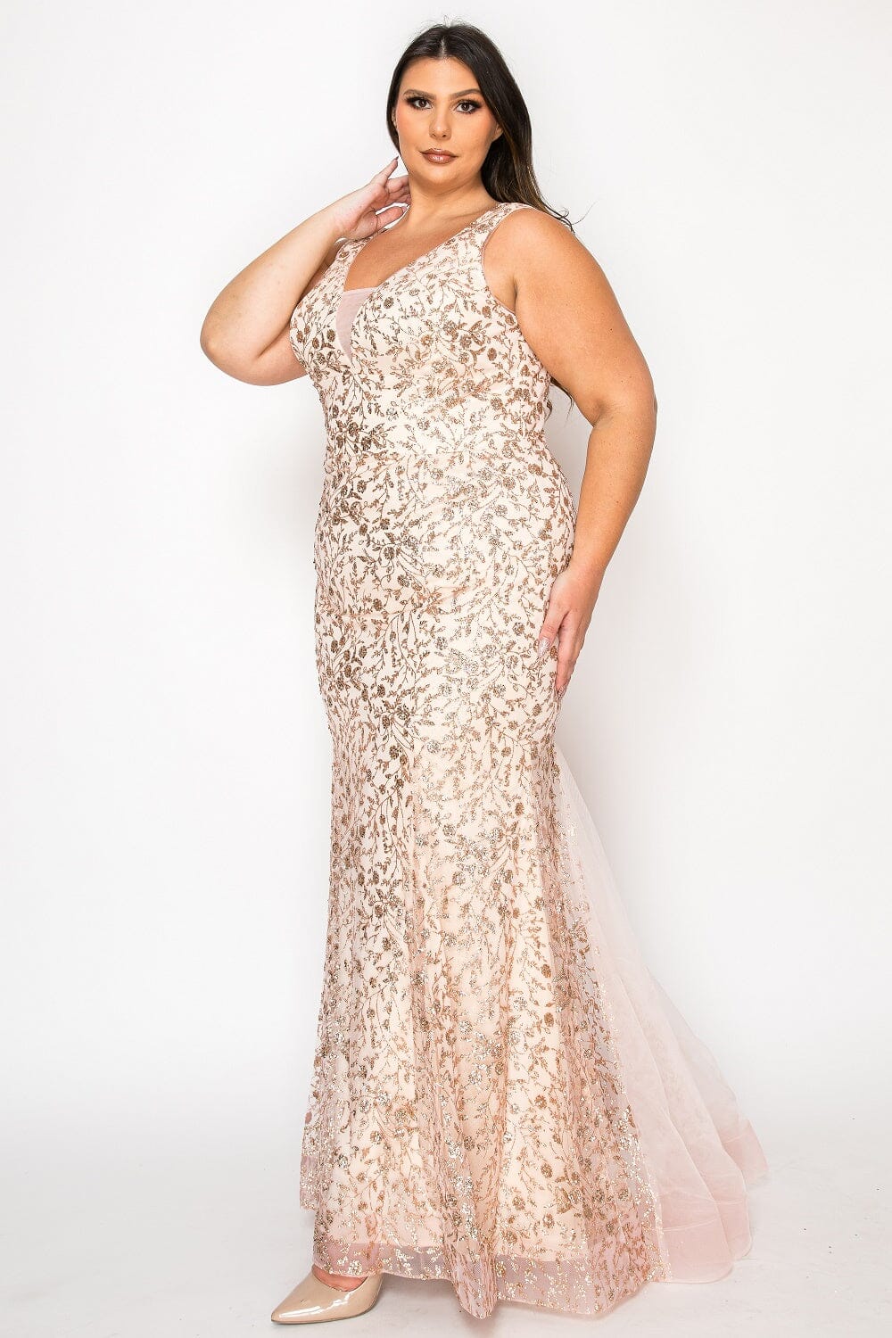 Poly USA W1136 Plus Size Fitted Glitter Print Sleeveless Gown