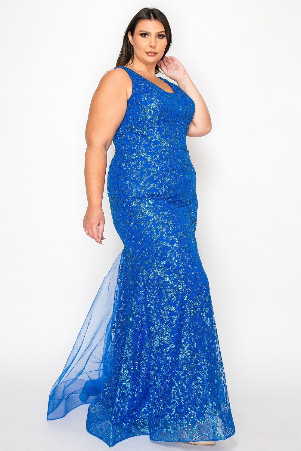 Poly USA W1136 Plus Size Fitted Glitter Print Sleeveless Gown