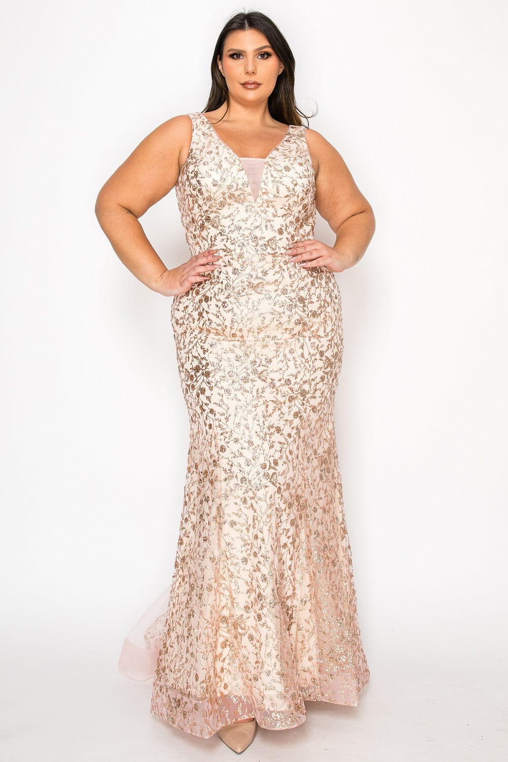 Poly USA W1136 Plus Size Fitted Glitter Print Sleeveless Gown