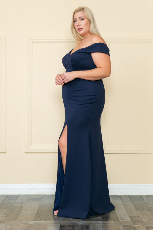 Poly USA W1118 Plus Size Fitted Off Shoulder Slit Gown