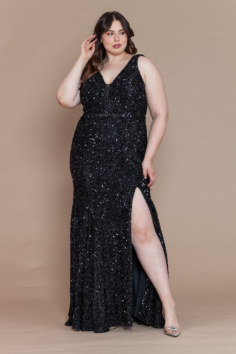 Vestido ajustado sin mangas con lentejuelas y abertura en talla grande de Poly USA W1122