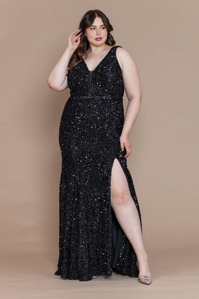 Poly USA W1122 Plus Size Fitted Sleeveless Sequin Slit Gown