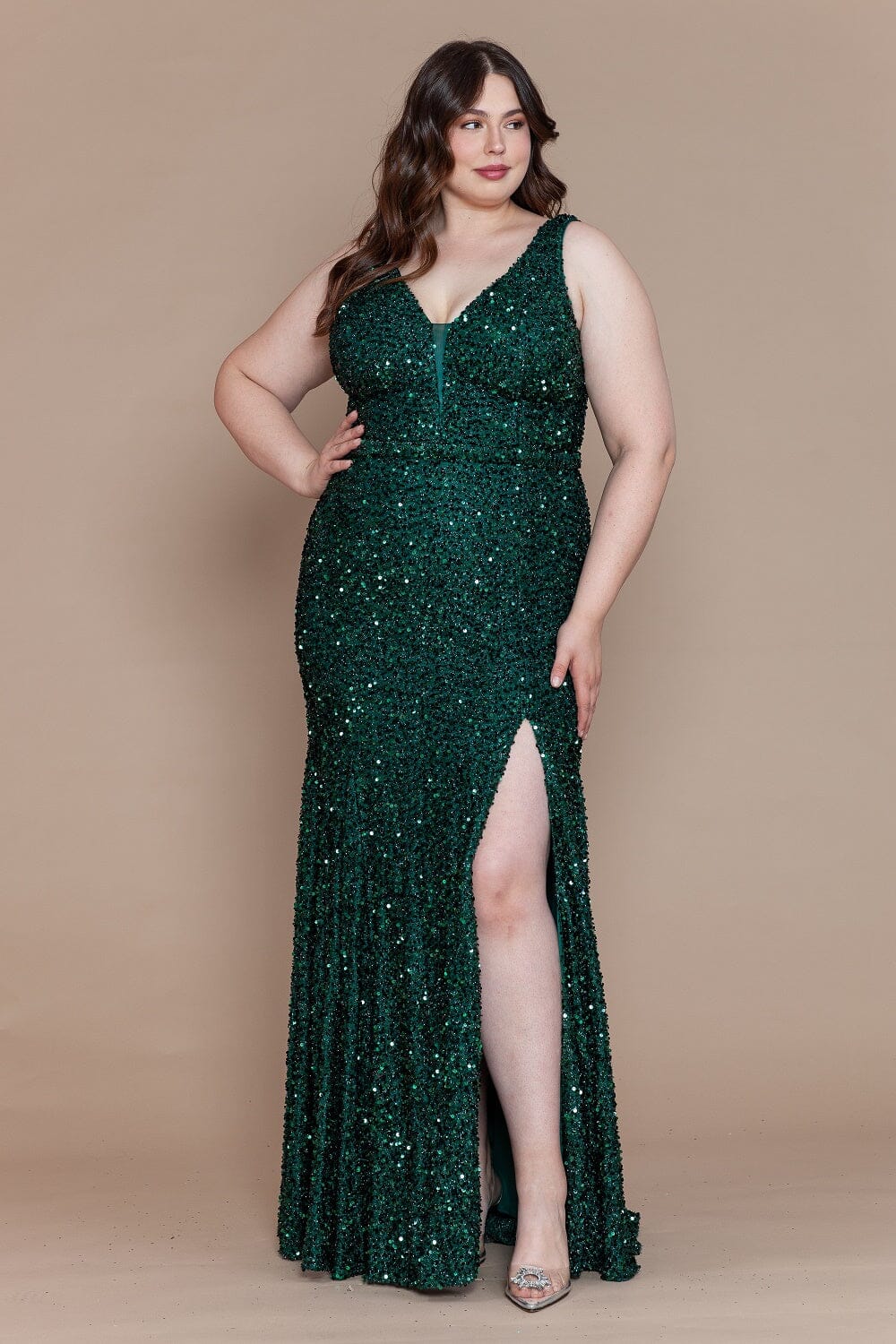 Vestido ajustado sin mangas con lentejuelas y abertura en talla grande de Poly USA W1122