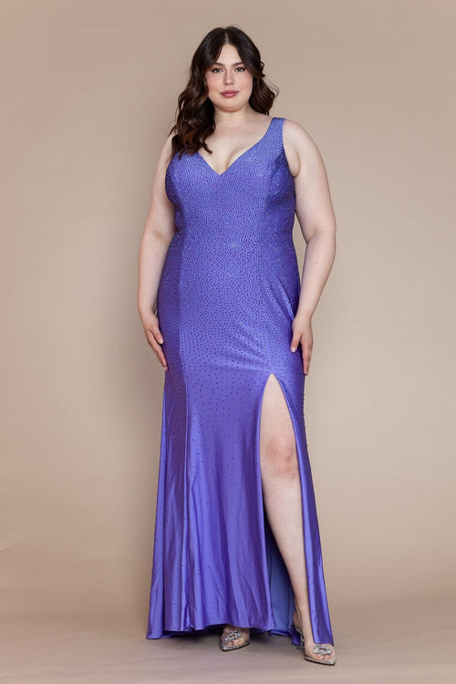 Poly USA W1116 Plus Size Fitted V-Neck Rhinestone Gown