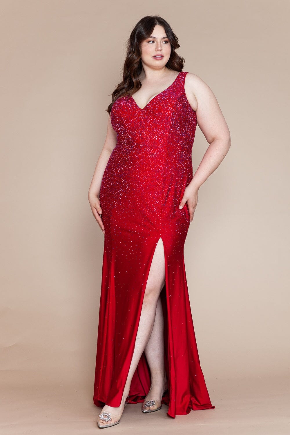 Vestido ajustado con escote en V y diamantes de imitación, talla grande, de Poly USA W1116