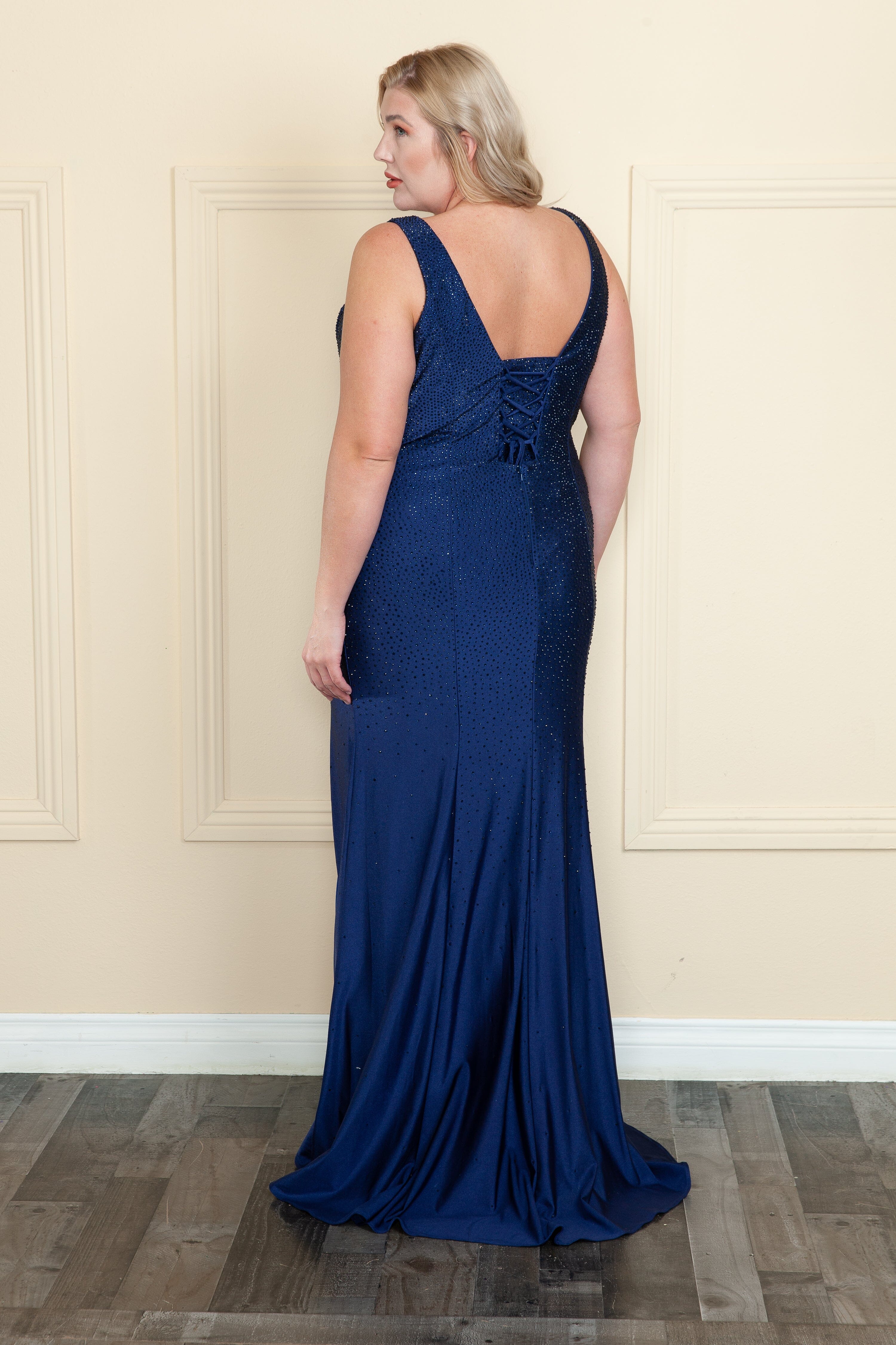Vestido ajustado con escote en V y diamantes de imitación, talla grande, de Poly USA W1116