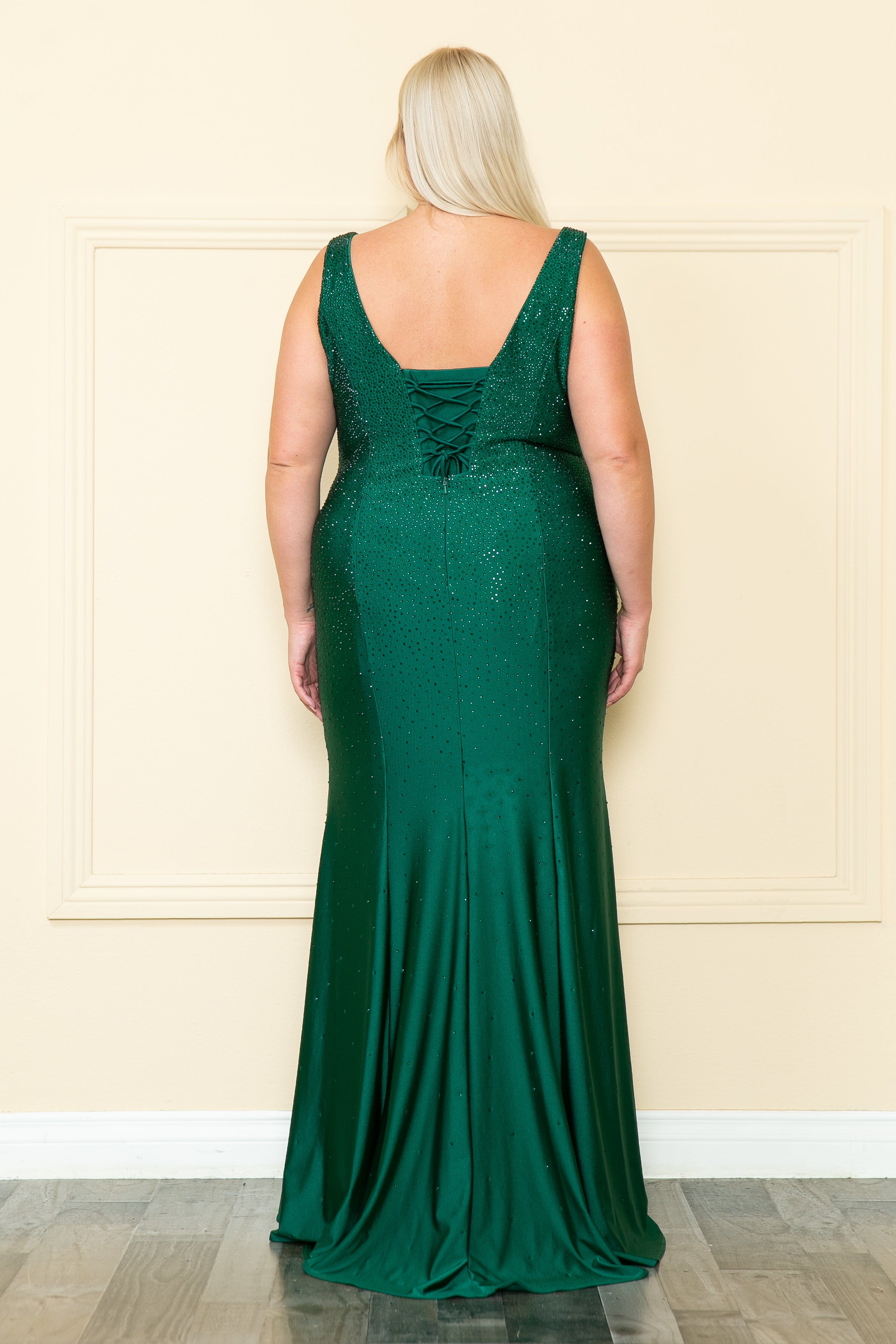 Vestido ajustado con escote en V y diamantes de imitación, talla grande, de Poly USA W1116