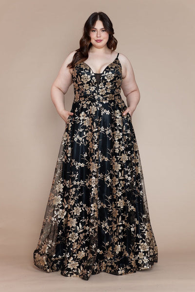 Poly USA W1134 Plus Size Glitter Print Sleeveless A-line Gown