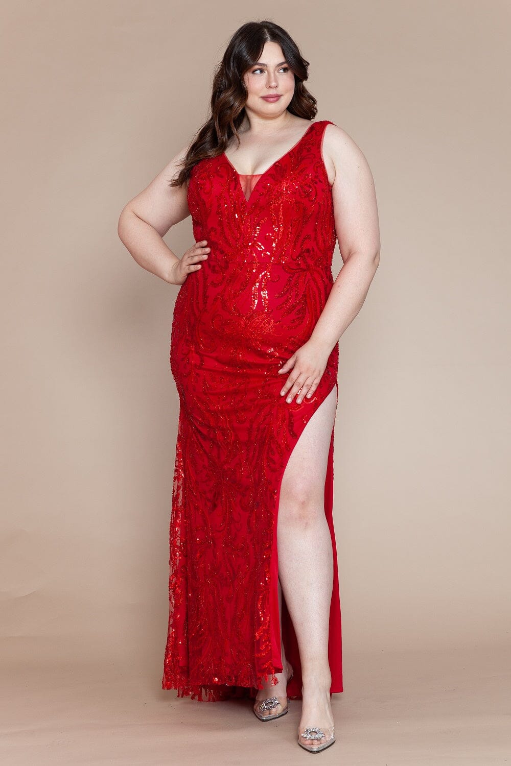 Poly USA W1140 Plus Size Glitter Print Sleeveless Slit Gown