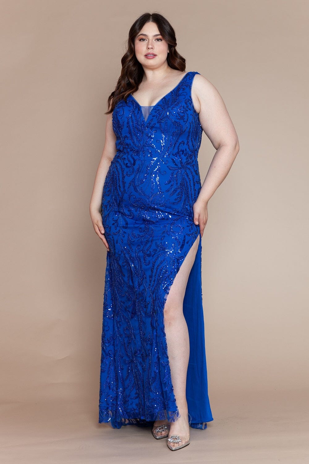 Poly USA W1140 Plus Size Glitter Print Sleeveless Slit Gown
