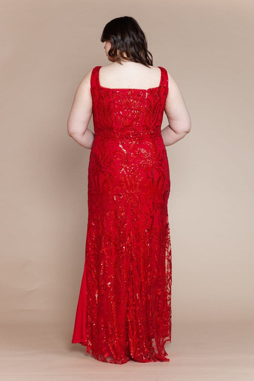 Poly USA W1140 Plus Size Glitter Print Sleeveless Slit Gown
