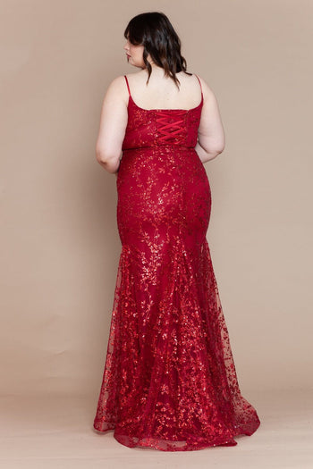 Poly USA W1154 Plus Size Glitter Print Sleeveless Slit Gown