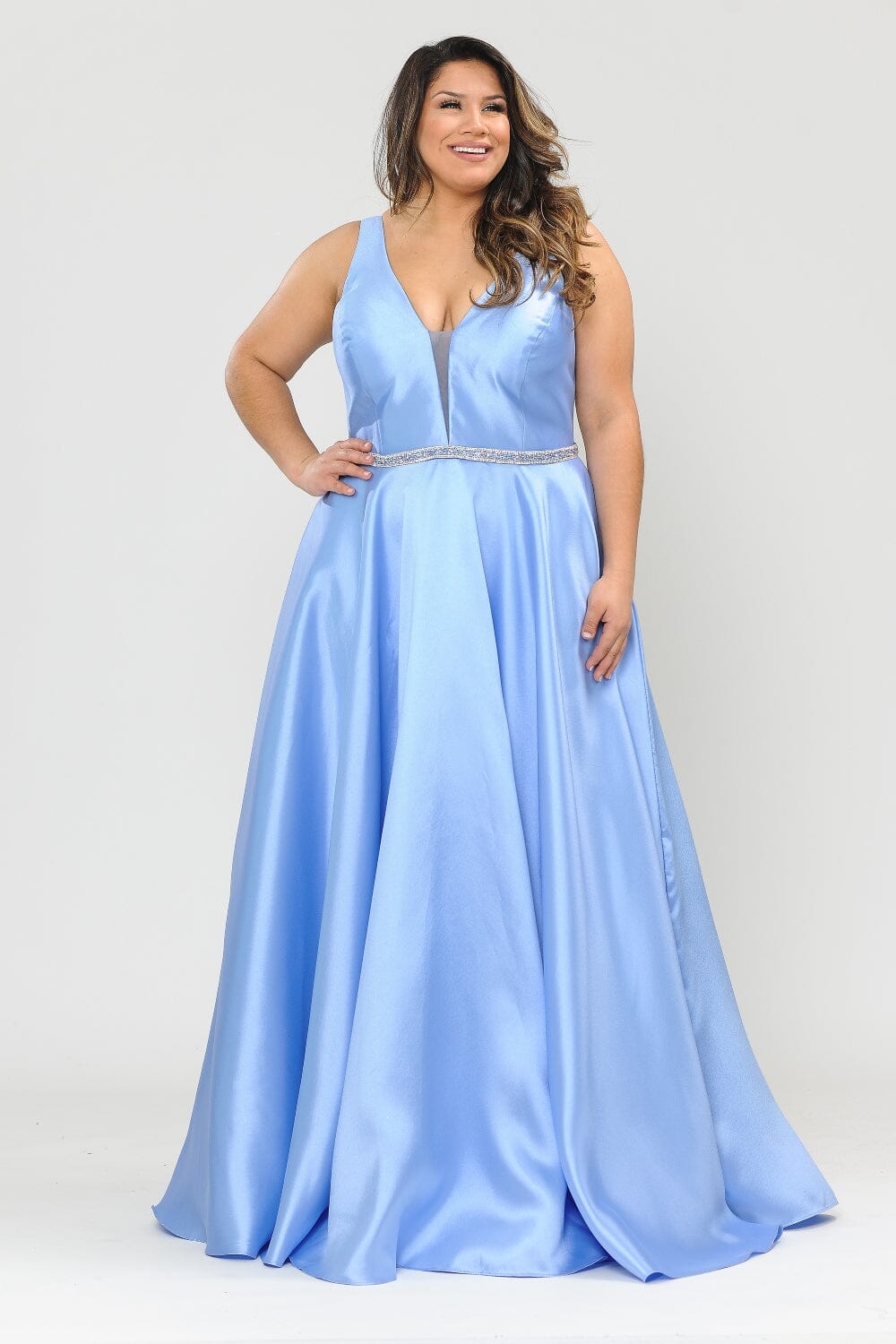 Vestido largo con escote en V profundo de talla grande de Poly USA W1108