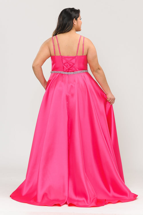 Poly USA W1106 Plus Size Long Deep V-Neck Mikado Dress