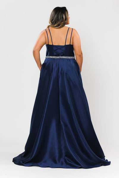 Poly USA W1106 Plus Size Long Deep V-Neck Mikado Dress